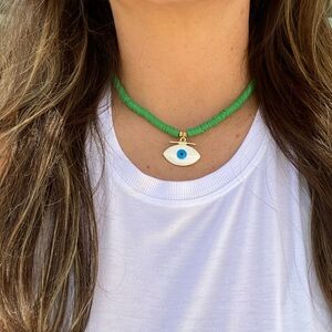Green Beaded Necklace with Eye Pendant